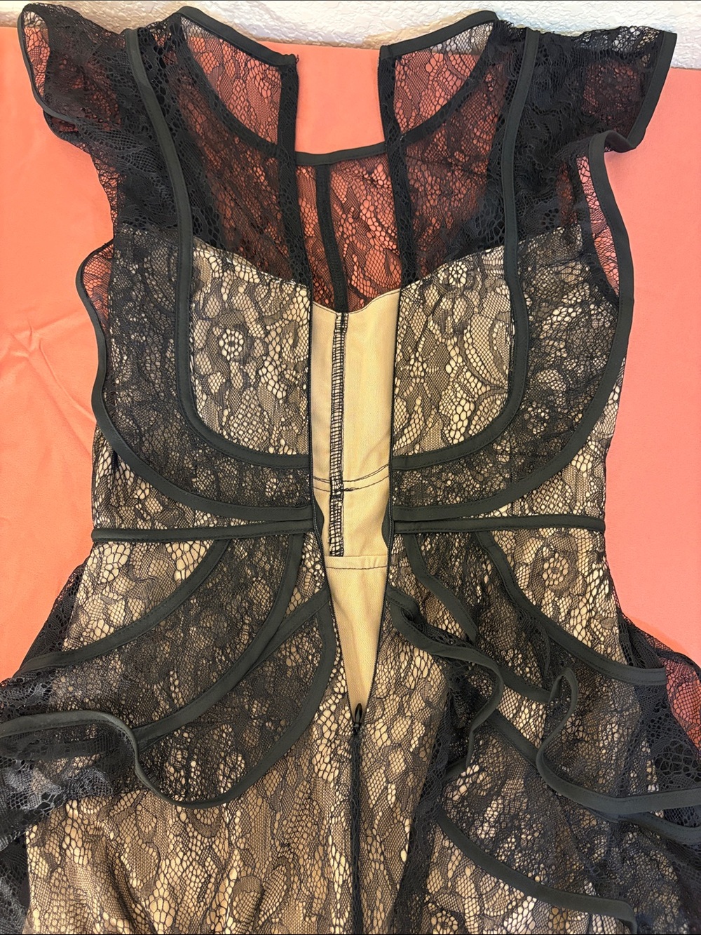 L’Atiste By Amy -Black Lace Mini Dress with Nude Lining - Feminine Ruffle Detail - Picture 10 of 10